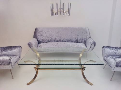 Pier Luigi Colli vintage large coffee table brass & chiseled glass, 1950`s ca, Italian